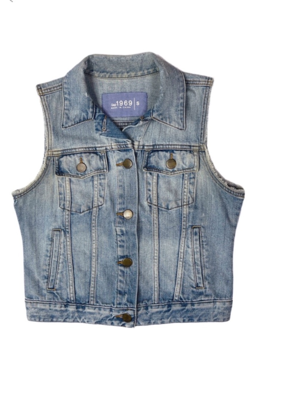 Gap 1969 Vintage Denim Icon Flap Vest Crop Distressed Blue Sleeveless 6 Pocket S